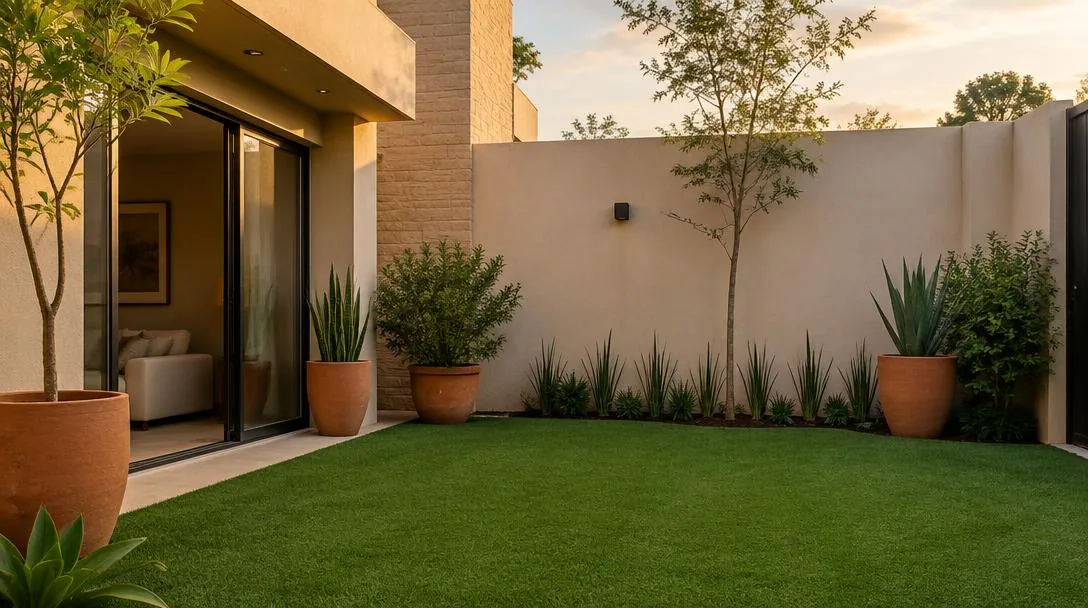 Patio residencial con pasto sintético (imagen ilustrativa)